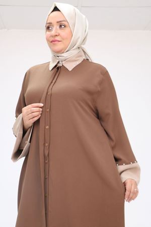 56008 Büyük Beden Kol Garnili Etamin Abaya Ferace - Kahve - Vizon