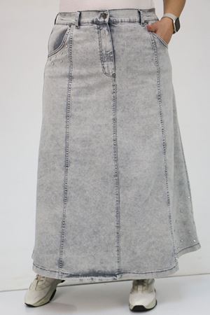 D-45007-1 Büyük Beden Parçalı Taş Detaylı Kot Etek - Gri