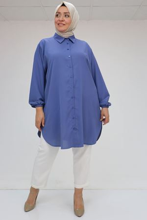 F-58085-3 Büyük Beden Kolları Lastikli Jesica Gömlek - İndigo
