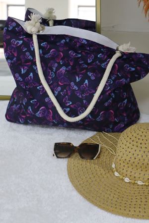 102 Büyük Plaj Çantası - Kelebek Desen Mor