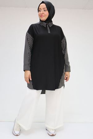 58041 Büyük Beden Önü Penye Arkası Çizgili Kumaş Tunik - Siyah