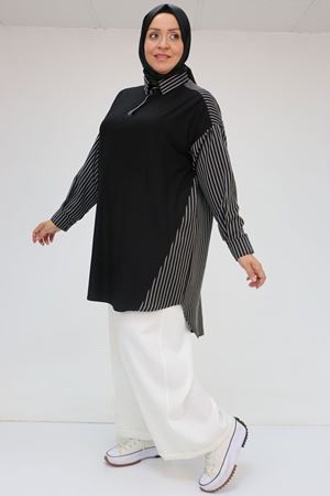 58041 Büyük Beden Önü Penye Arkası Çizgili Kumaş Tunik - Siyah