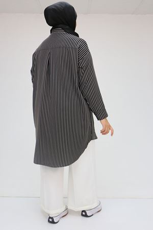 58041 Büyük Beden Önü Penye Arkası Çizgili Kumaş Tunik - Siyah