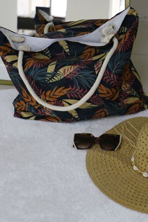 102 Büyük Plaj Çantası - Yaprak Desen Hardal