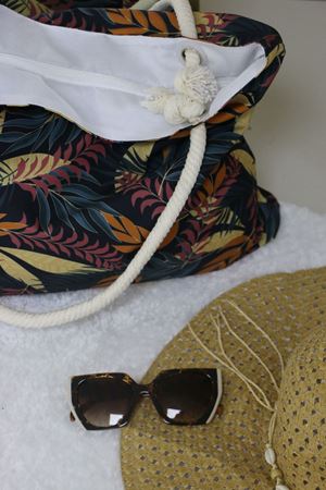 102 Büyük Plaj Çantası - Yaprak Desen Hardal