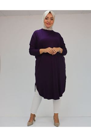 38110  Büyük Beden Düşük Kol Penye Tunik - Mürdüm