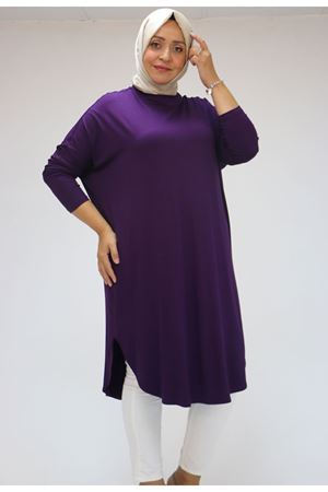 38110  Büyük Beden Düşük Kol Penye Tunik - Mürdüm