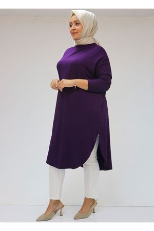 38110  Büyük Beden Düşük Kol Penye Tunik - Mürdüm