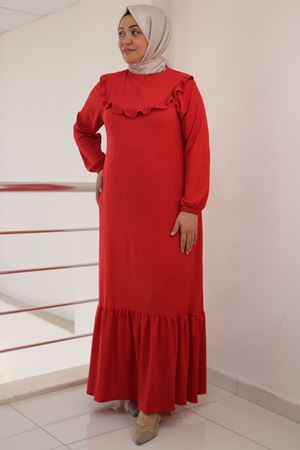 42012 Büyük Beden Fırfırlı Bürümcük Elbise - Nar Çiçeği