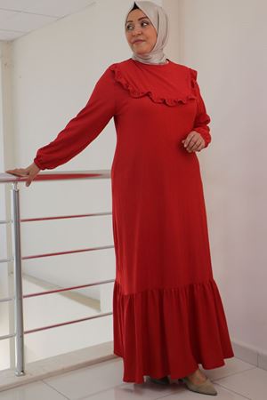 42012 Büyük Beden Fırfırlı Bürümcük Elbise - Nar Çiçeği