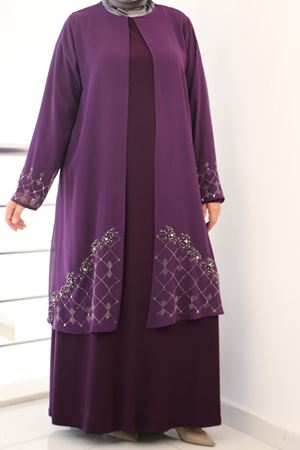 F-42002 Büyük Beden Eteği Taş Detaylı Sandy - Şifon Takım- Mürdüm