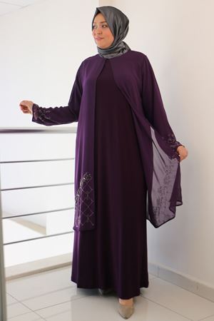 F-42002 Büyük Beden Eteği Taş Detaylı Sandy - Şifon Takım- Mürdüm