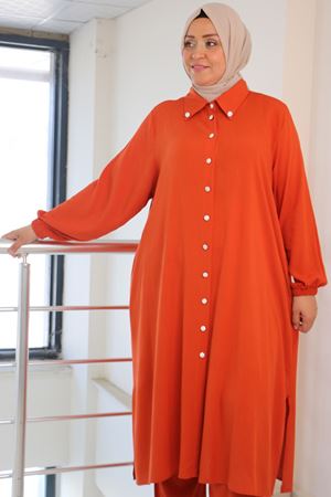 47029 Büyük Beden Kolu Lastikli Dokuma Bürümcük Pantolonlu Takım - Kiremit