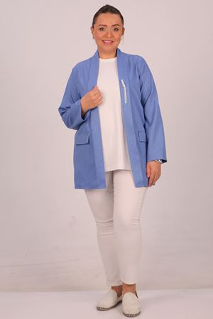 43021 Büyük Beden Çıkabilir Broş'lu Dokuma Kumaş Kısa Ceket-İndigo