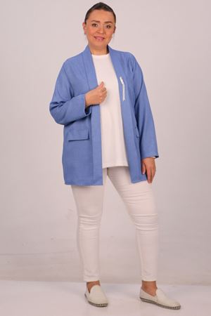 43021 Büyük Beden Çıkabilir Broş'lu Dokuma Kumaş Kısa Ceket-İndigo