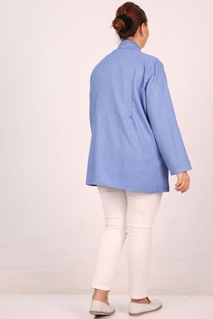 43021 Büyük Beden Çıkabilir Broş'lu Dokuma Kumaş Kısa Ceket-İndigo