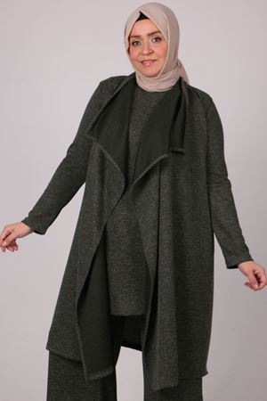 27307 Büyük Beden Üçlü Şal Yaka Triko Takım-Haki