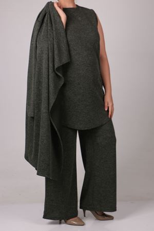 27307 Büyük Beden Üçlü Şal Yaka Triko Takım-Haki