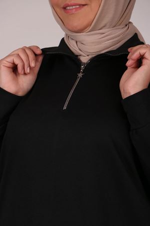 28111 Büyük Beden Yaka Fermuarlı İki İplik Sweat-Sİyah