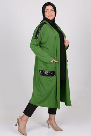 23012 Büyük Beden Pul Payetli Mina Ceket - Haki