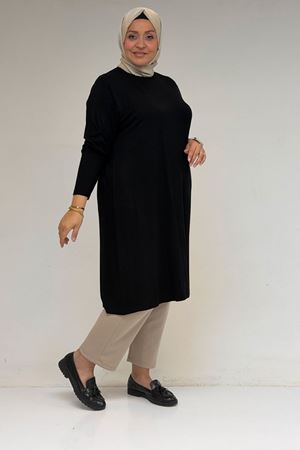 38501 Büyük Beden Basic Penye Tunik -  Siyah