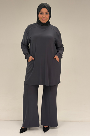 67031 Büyük Beden Yanları Cep Detaylı Pantolonlu Sandy Takım - Antrasit