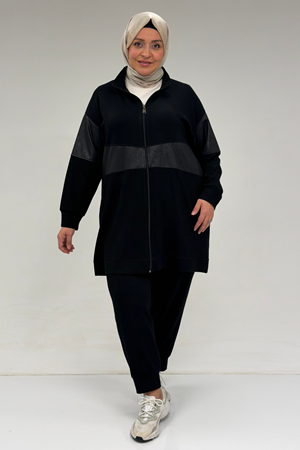 47098 Büyük Beden Waterport Garnili Modal Pantolonlu Takım - Siyah