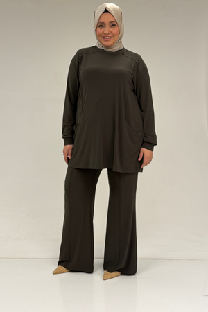 67031 Büyük Beden Yanları Cep Detaylı Pantolonlu Sandy Takım - Haki