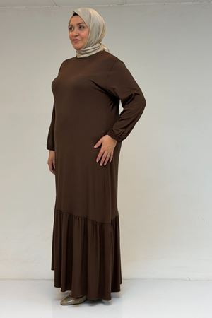 52034 Büyük Beden Eteği Fırfrılı Penye Elbise - Kahve