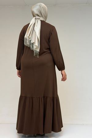 52034 Büyük Beden Eteği Fırfrılı Penye Elbise - Kahve