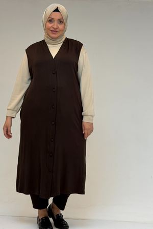 54017 Büyük Bedenkaplama Düğmeli Giy-Çık Penye Yelek - Kahve