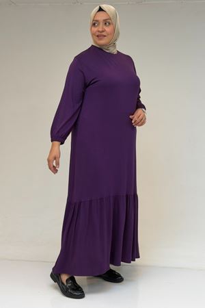 52034 Büyük Beden Eteği Fırfrılı Penye Elbise - Mor