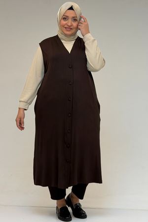 54017 Büyük Bedenkaplama Düğmeli Giy-Çık Penye Yelek - Kahve