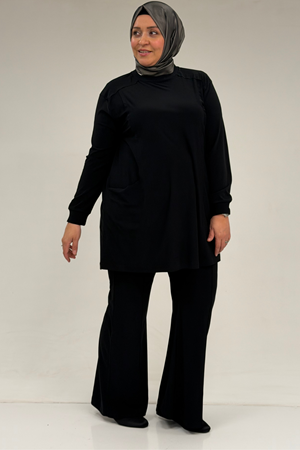 67031 Büyük Beden Yanları Cep Detaylı Pantolonlu Sandy Takım - Siyah