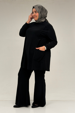 67031 Büyük Beden Yanları Cep Detaylı Pantolonlu Sandy Takım - Siyah