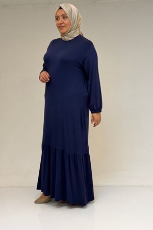 52034 Büyük Beden Eteği Fırfrılı Penye Elbise - İndigo