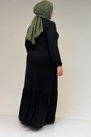 52034 Büyük Beden Eteği Fırfrılı Penye Elbise - Siyah