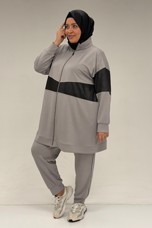 47098 Büyük Beden Waterport Garnili Modal Pantolonlu Takım - Gri