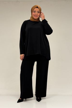 67033 Büyük Beden  Etek Ucu Parçalı Sandy Pantolonlu Takım - Siyah