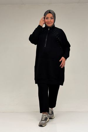 47088 Büyük Beden Omzu Taş Detaylı Pantolonlu Takım - Siyah