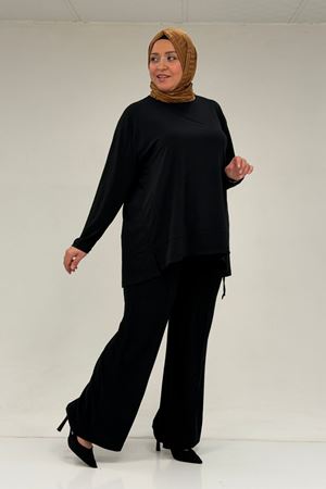 67033 Büyük Beden  Etek Ucu Parçalı Sandy Pantolonlu Takım - Siyah