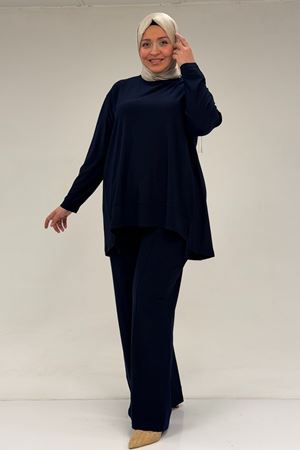 67033 Büyük Beden  Etek Ucu Parçalı Sandy Pantolonlu Takım - Lacivert