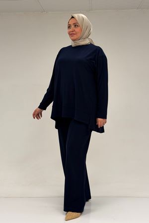 67033 Büyük Beden  Etek Ucu Parçalı Sandy Pantolonlu Takım - Lacivert
