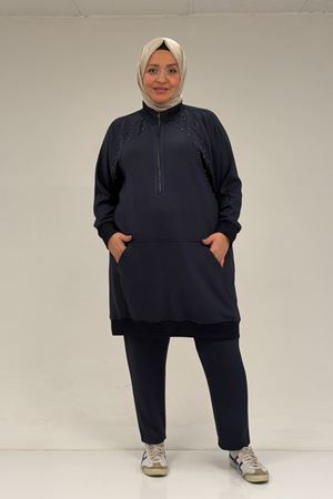 47088 Büyük Beden Omzu Taş Detaylı Pantolonlu Takım - Lacivert