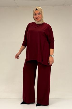 67033 Büyük Beden  Etek Ucu Parçalı Sandy Pantolonlu Takım - Bordo