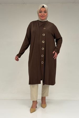 67032 Büyük Beden Kuşgözü Detaylı Penye İkili Takım - Kahve