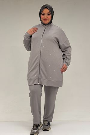 47070 Büyük Beden Önü Taş Detaylı Modal Pantolonlu Takım - Gri