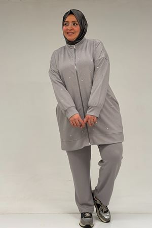 47070 Büyük Beden Önü Taş Detaylı Modal Pantolonlu Takım - Gri