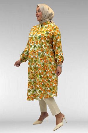 68014 Büyük Beden Hakimyaka Çift Düğmeli Mango Tunik - Çiçek Desen Yeşil