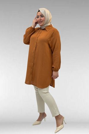 58091 Büyük Beden Kolları Lastikli Müslin Gömlek - Tarçın